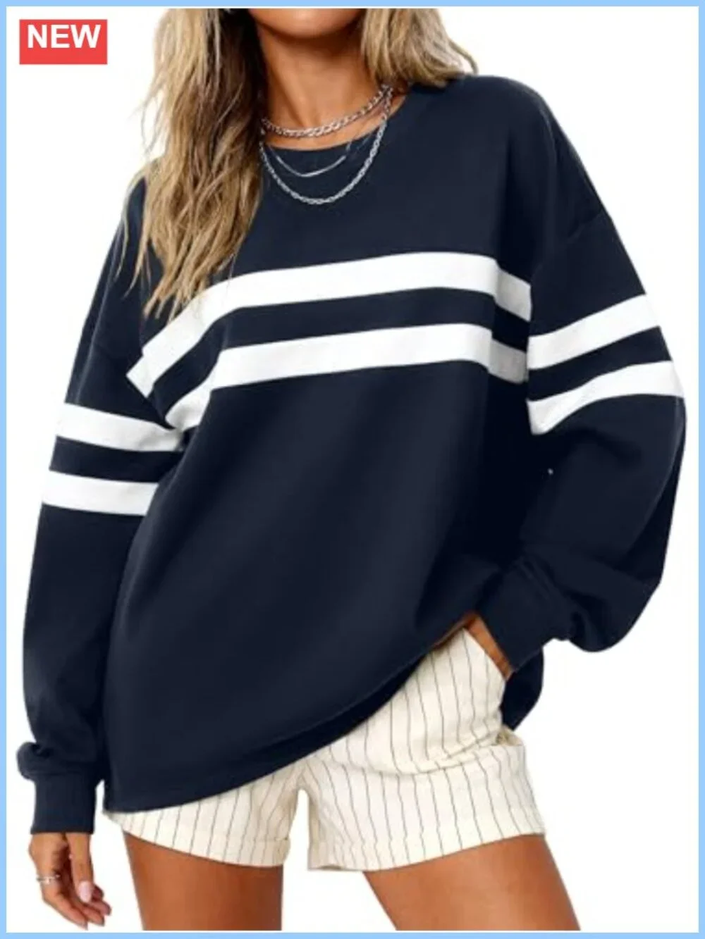 Oversized Striped Crewneck Pullover Sweatshirt Women Fall Long Sleeve